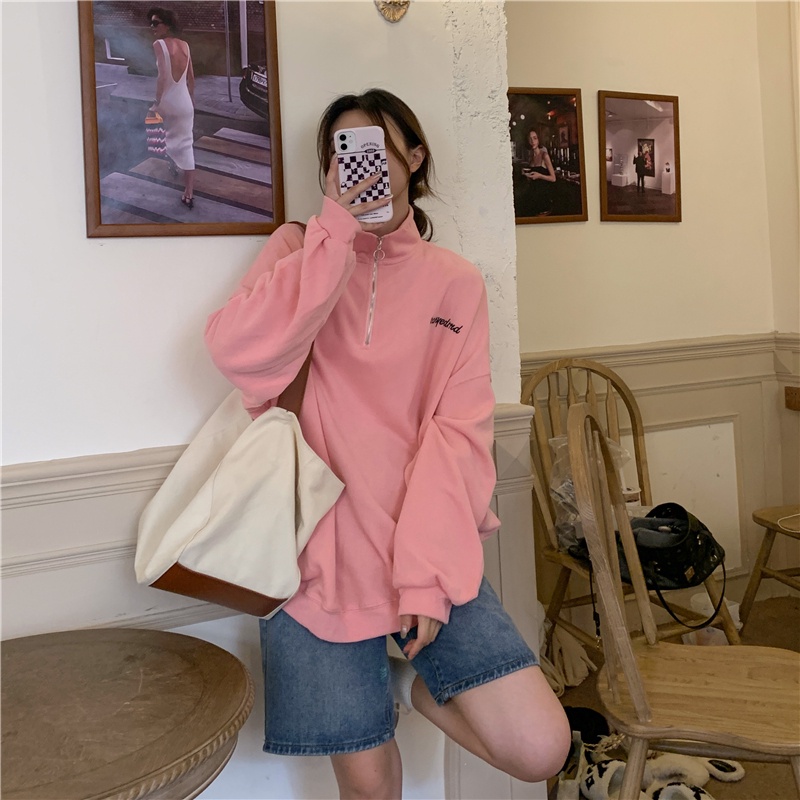SUXI Áo Khoác Hoodie Cổ Đứng Dáng Rộng Có Khóa Kéo Phong Cách Vintage Hàn Quốc
