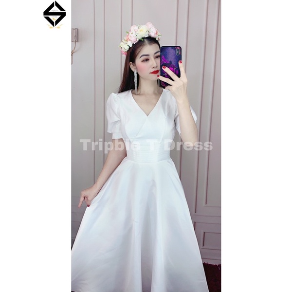 Đầm xoè cưới đi bàn nhẹ nhàng TRIPBLE T DRESS bo eo tay phồng nơ lưng - size S/M/L -MS103Y