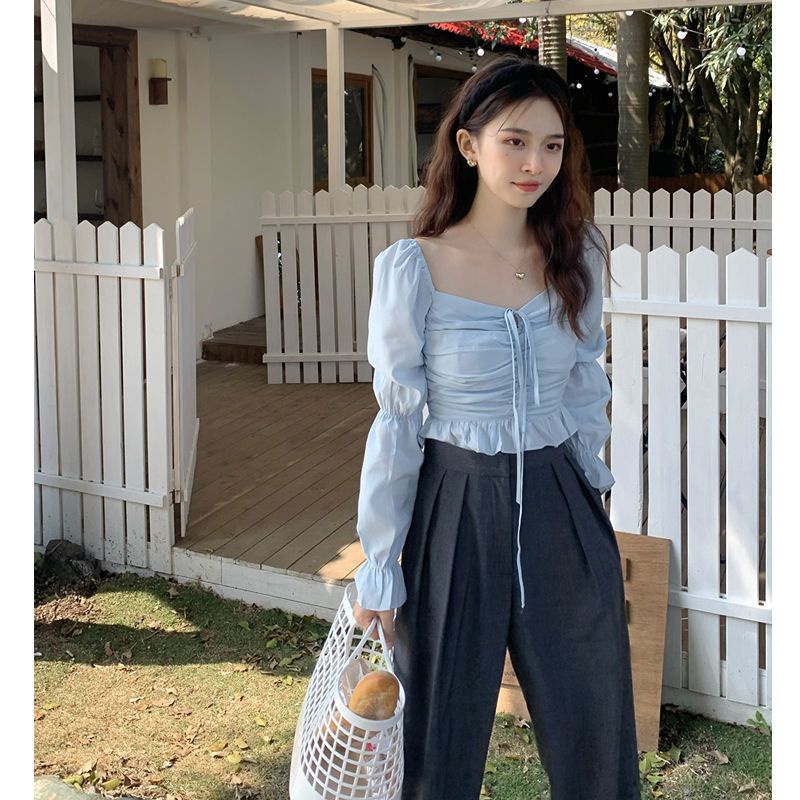 👗Trang phục Junyi💗 Áo Sơ Mi Tay Phồng Cổ Vuông Phong Cách Retro Pháp Thời Trang Mùa Xuân Dành Cho Nữ