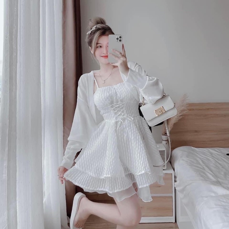 Sét đầm 2 dây trắng xốp đan dây kèm khoác len tăm tiêu thư xinh xắn