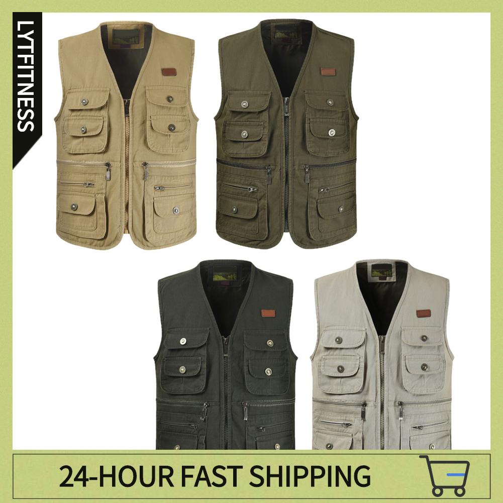 LYTFitness Cargo Vest Nhiều túi Mềm mại thoáng khí Cotton tinh khiết êm ái Dây kéo cho nhà báo ngoài trời Người già
