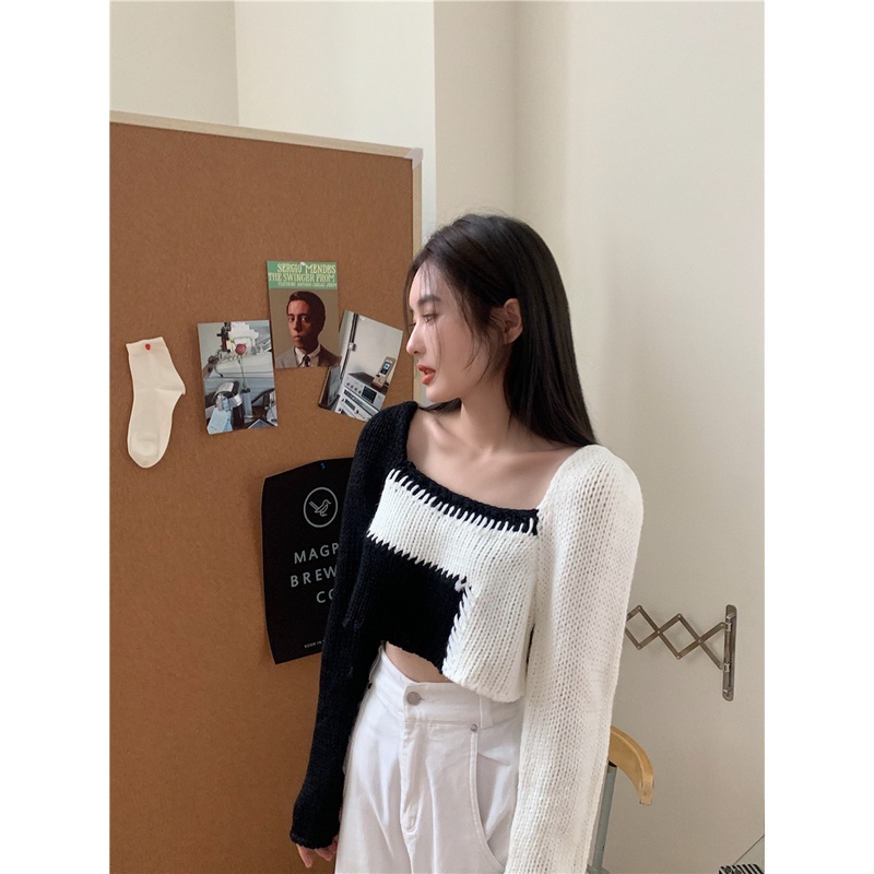 Áo croptop ZHELIHANGFEI dệt kim tay dài cổ vuông eo cao thiết kế quyến rũ cho nữ