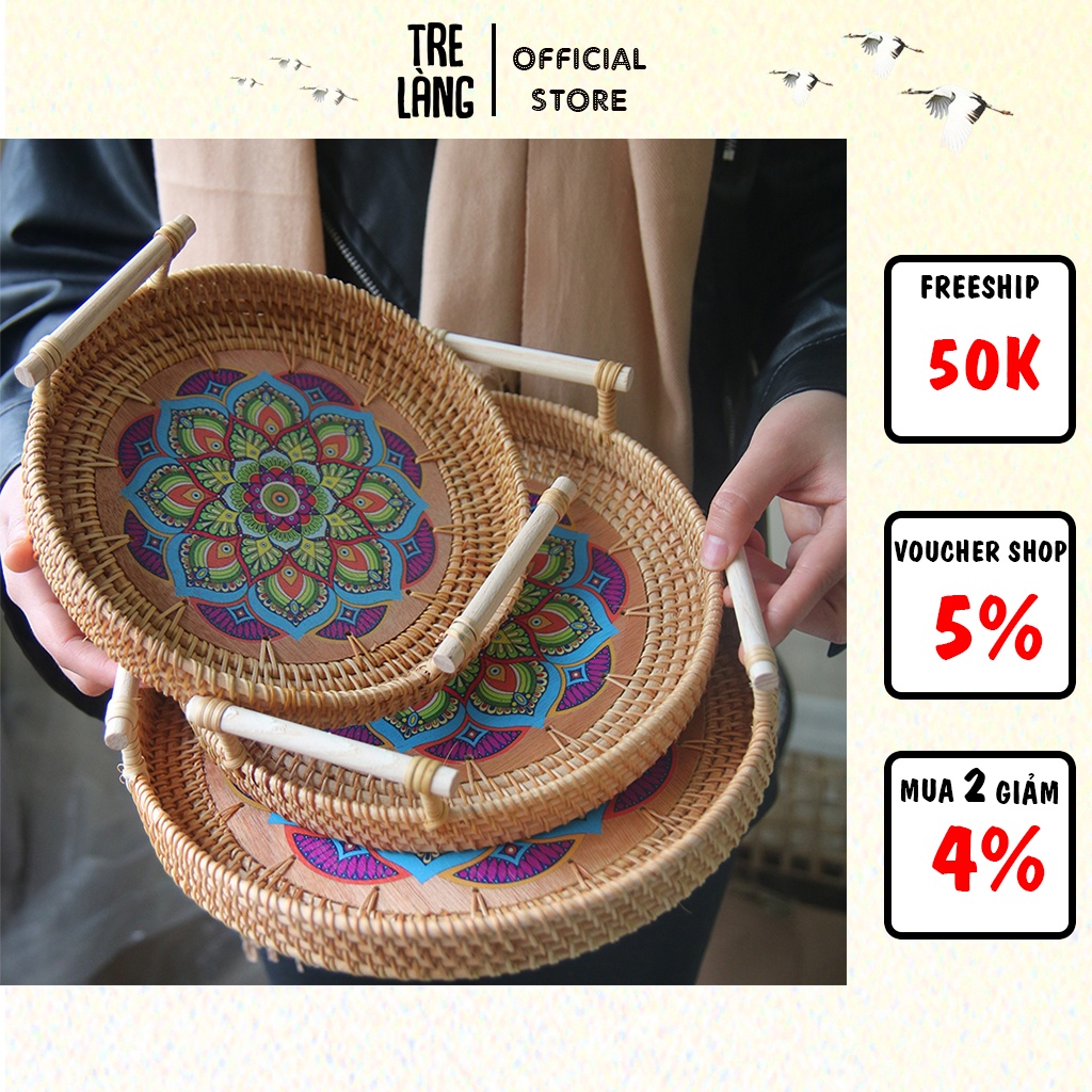 Khay trà mây tre đan hoa văn | Tre Làng Chất liệu đan thủ công và mặt gỗ