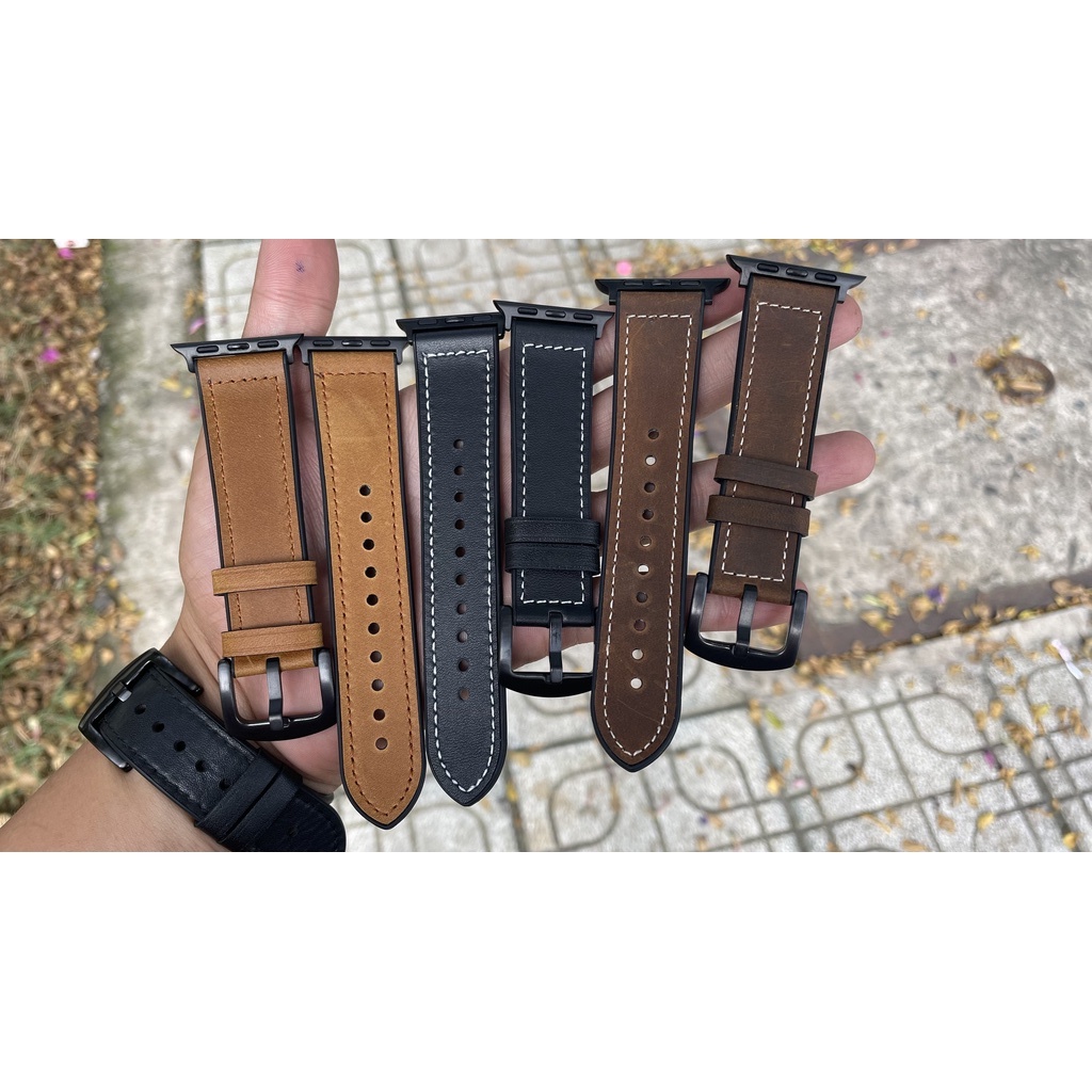 Dây da sáp dầu Vintage cao cấp 40/44/38/42mm kèm hộp gỗ cho Apple watch Series 7 6 SE 5 4 3 2 41mm 45mm