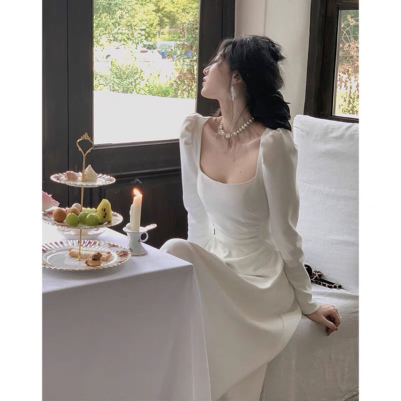 Đầm Xoè Cổ Vuông Tay Bồng Tiểu Thư, Đầm Chiết Eo Sang Chảnh - True Sense