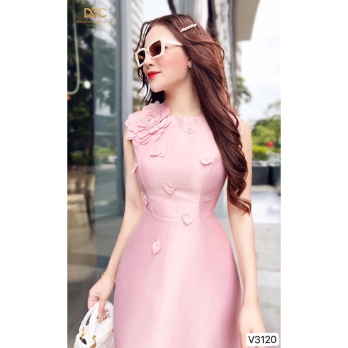 V3120 váy chữ A màu hồng gắn hoa