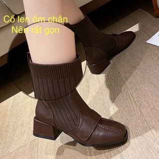 (HÀNG SẴN) BOOTS Lỡ Cổ Len, Mũi Da Ôm Chân