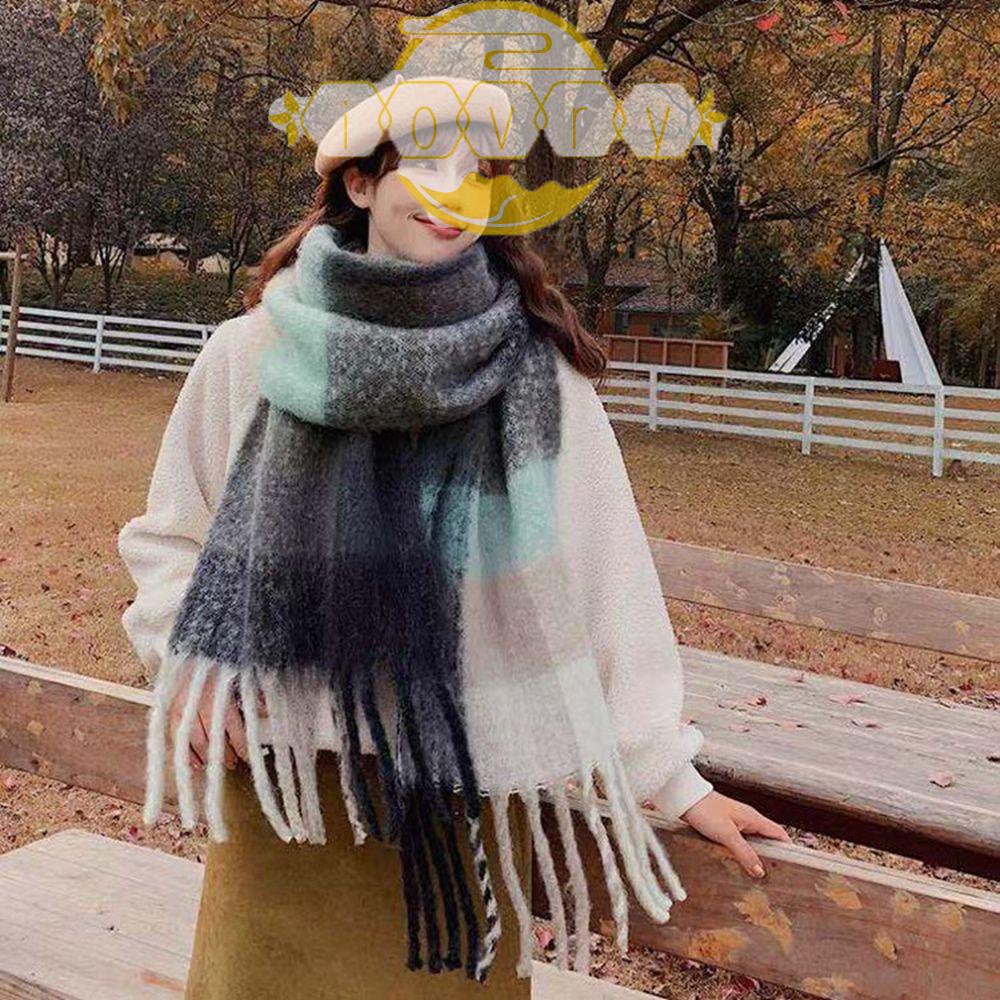 Khăn Choàng Cổ Bằng Len Pashmina Họa Tiết Kẻ Sọc Màu Cầu Vồng Phong Cách Hàn Quốc Thời Trang Thu Đông