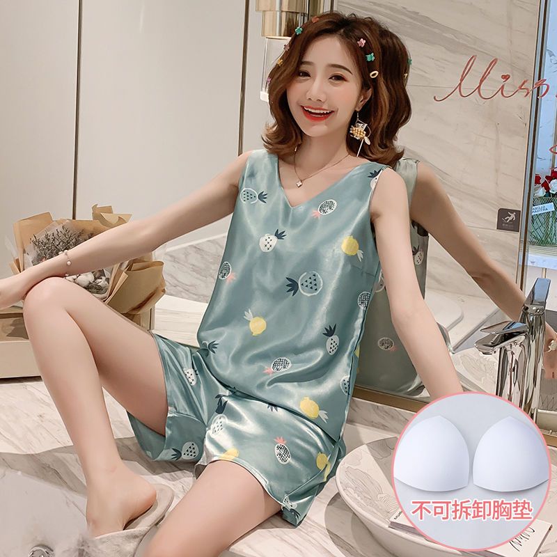 [Spot Hot Quần Lót] Bộ Đồ Ngủ Bằng Lụa Băng Có Đệm Ngực Mặc Ở Nhà Mùa Hè Hàng Mới Dành Cho Bạn Nữ Có Thể Mặc | BigBuy360 - bigbuy360.vn