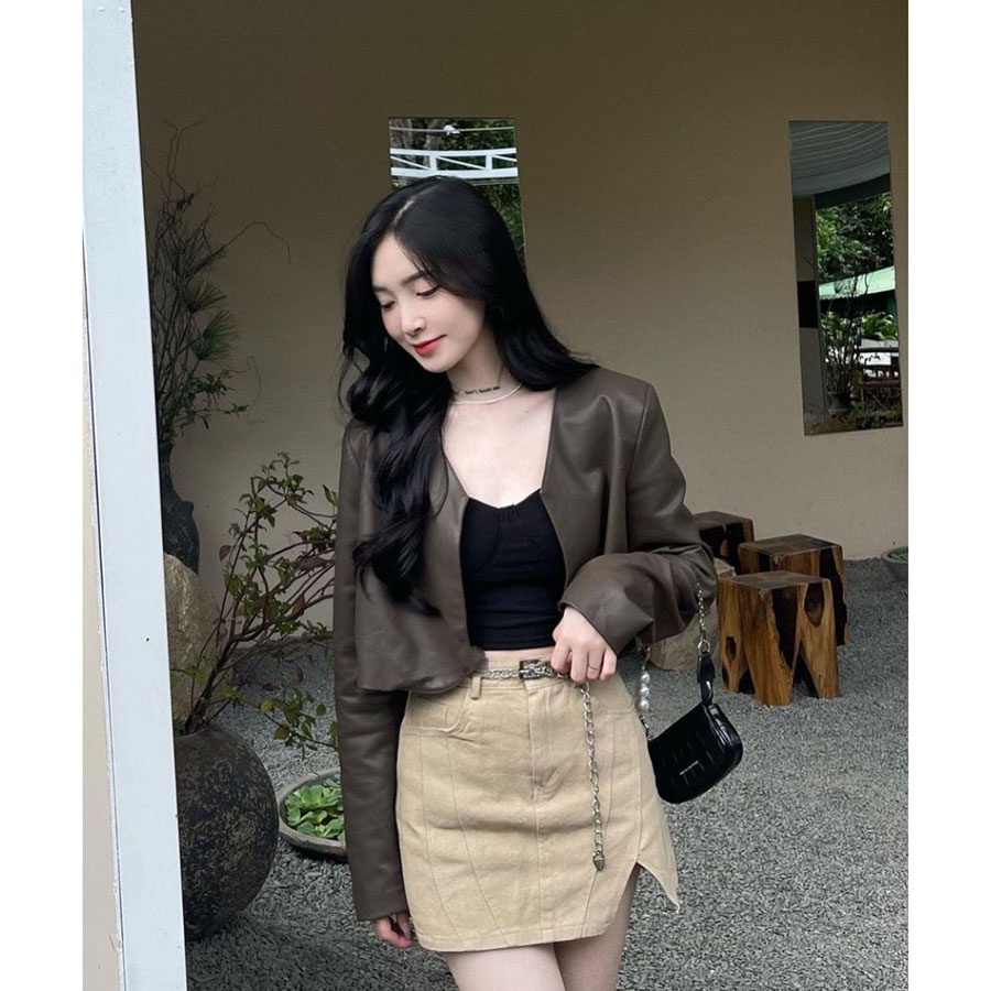 Set Áo Da Mix Kèm Chân Váy Kaki Hàng Quảng Châu M423 - Lolla Fashion