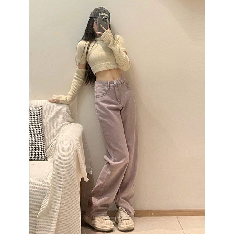 Jiashucheng Quần Jean Ống Rộng Lưng Cao Màu Tím Thời Trang Thu Đông Hong Kong Cho Nữ