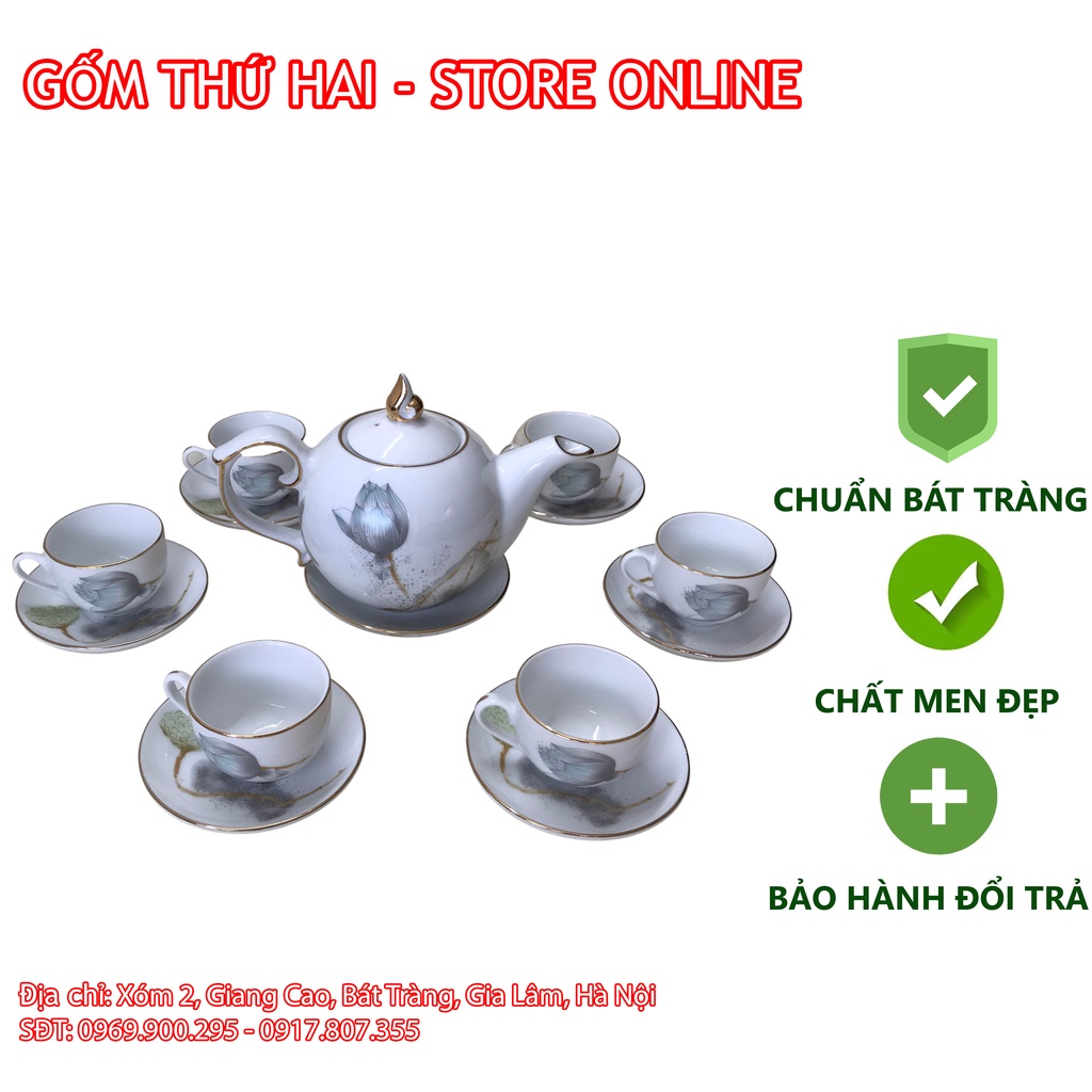 Bộ Ấm Chén Uống Trà, Bộ Ấm Chén Bát Tràng Men Mát Sen Bạc Vẽ Chỉ Vàng