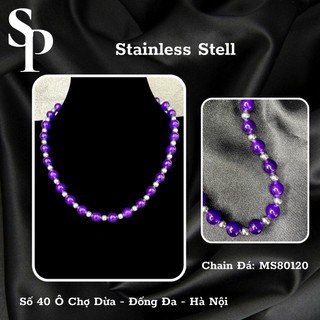Vòng cổ chain bi mix đá mã não tím - khuyên thép y tế