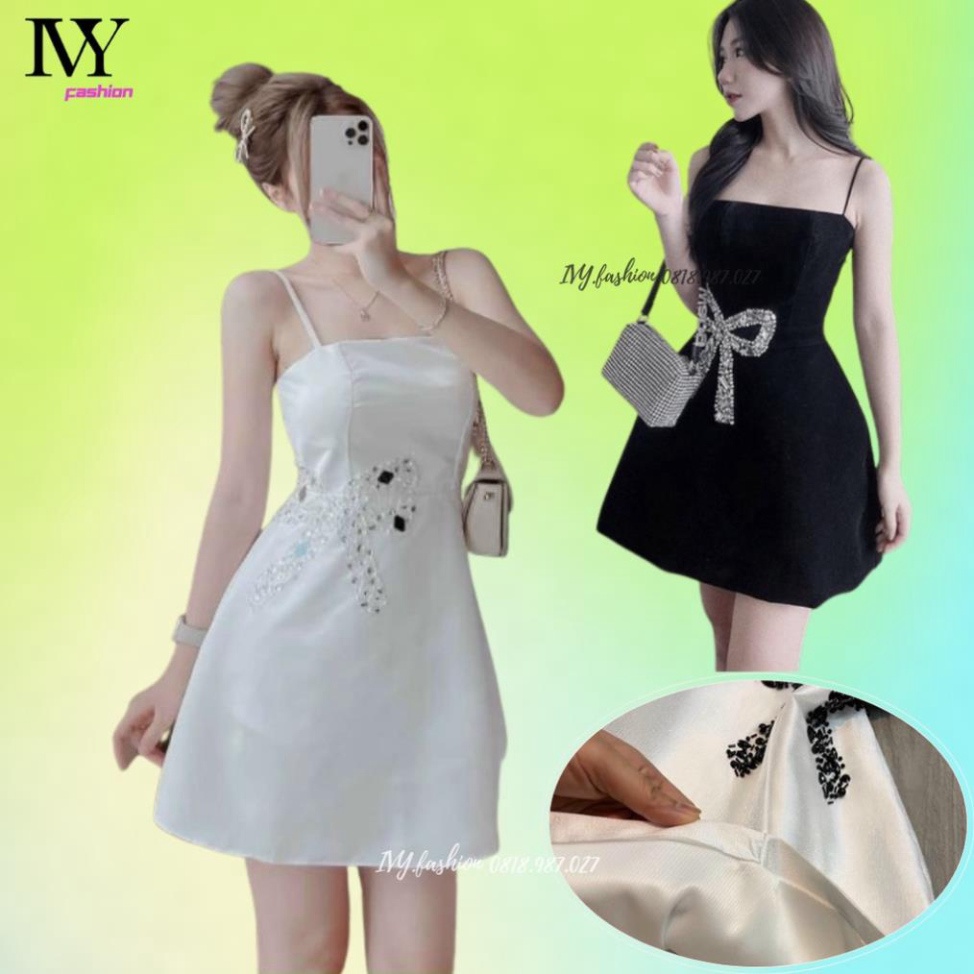 Đầm váy xoè 2 dây 🔥phi tafta sẵn mút ngực🔥 phối nơ đá đen trắng cúp ngực chữ A đi biển dự tiệc cao cấp bigsize S M L b