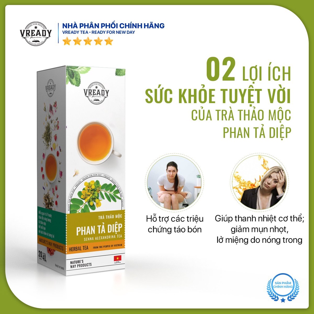 Trà Phan Tả Diệp Vready giúp thanh nhiệt giảm mụn, cải thiện táo bón và ngừa nhiệt miệng hộp 20 gói