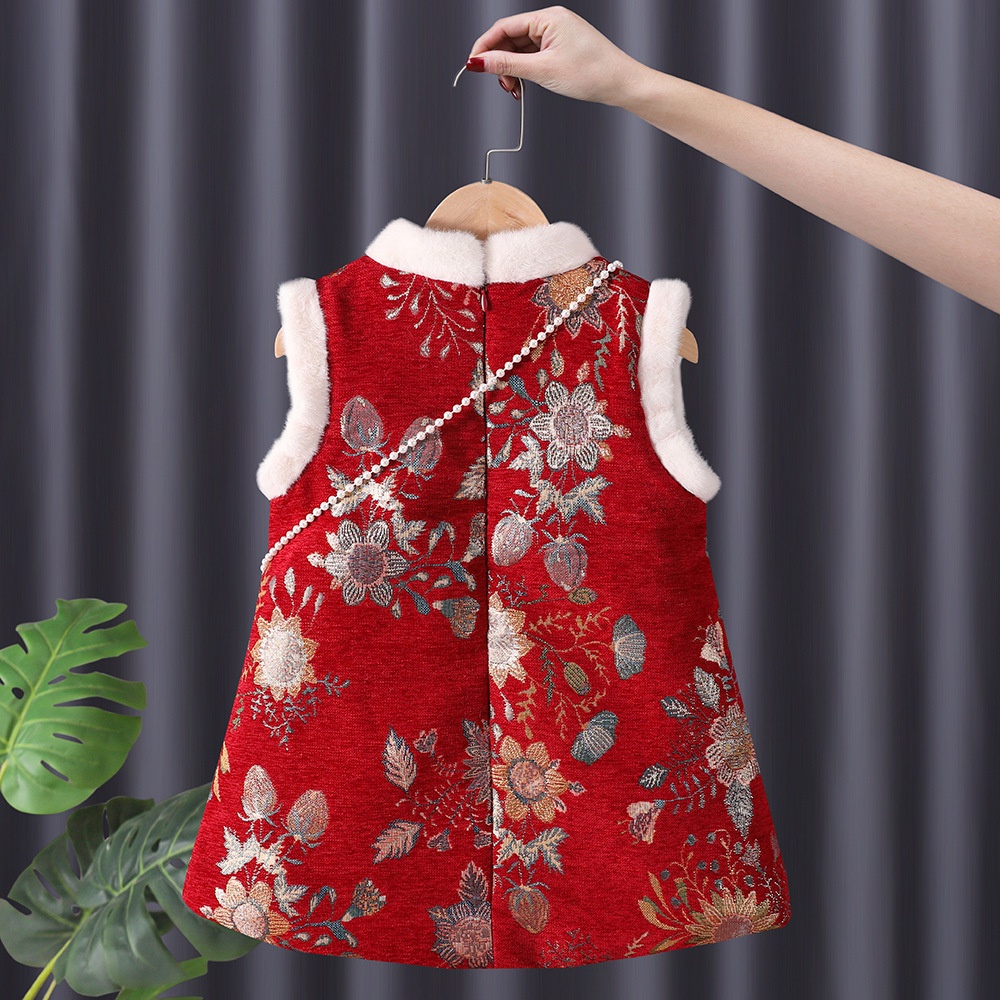 Đầm Sườn Xám May Chần Dày Dặn Phong Cách Trung Hoa Mừng Năm Mới Cho Bé Gái