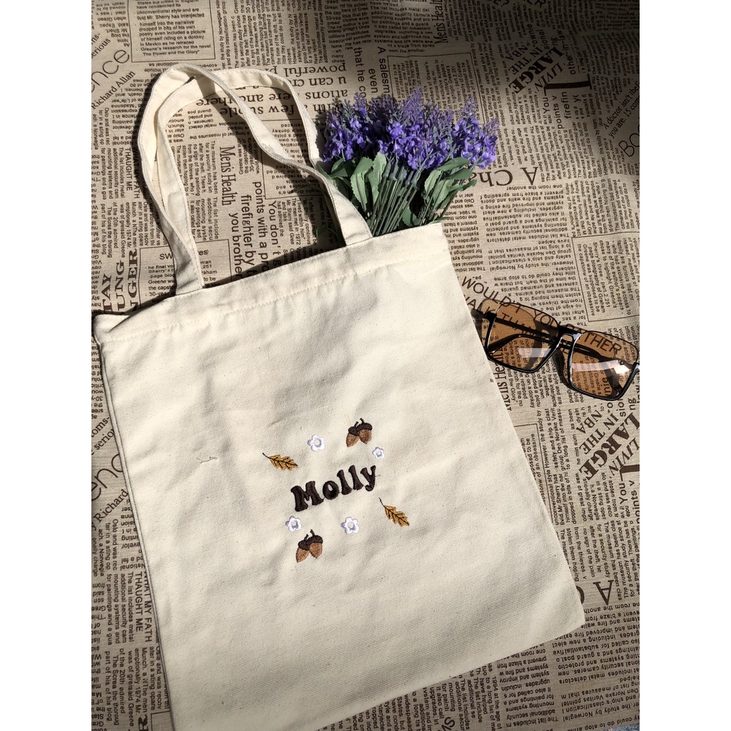 Túi Tote Thêu Tên Theo Yêu Cầu, Kèm Họa Tiết Hạt Dẻ, Quà Tặng Noel, Vải Canvas, Túi Tote Nữ