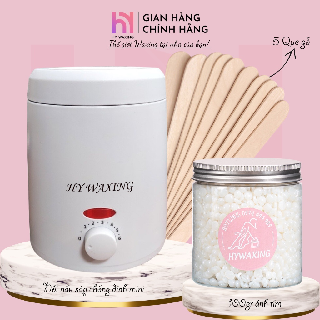 [CHE TÊN] Combo 100gr Sáp Ánh Tím Premium + Nồi Nấu Sáp Wax Lông Chống Dính Mini HY WAXING Tặng Que