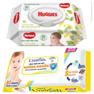 Khăn ướt Huggies 64 miếng, Unifresh 80 miếng