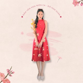 Sumire Store Đầm cổ yếm Hoa Niên Ca - Đỏ hoa xuân
