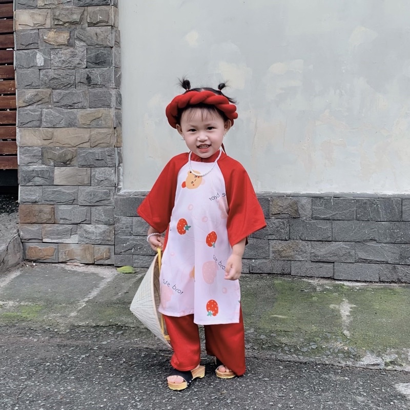 Áo Dài Cách Tân Gấu Đỏ NHÍM XÙ KIDS Cho Bé Gái 6 Tháng Đến 8 Tuổi Chất Lụa Mango - Đũi Hàn AD123