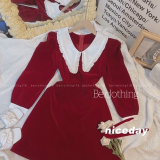 Đầm nhung cổ sen bèo trắng tay dài