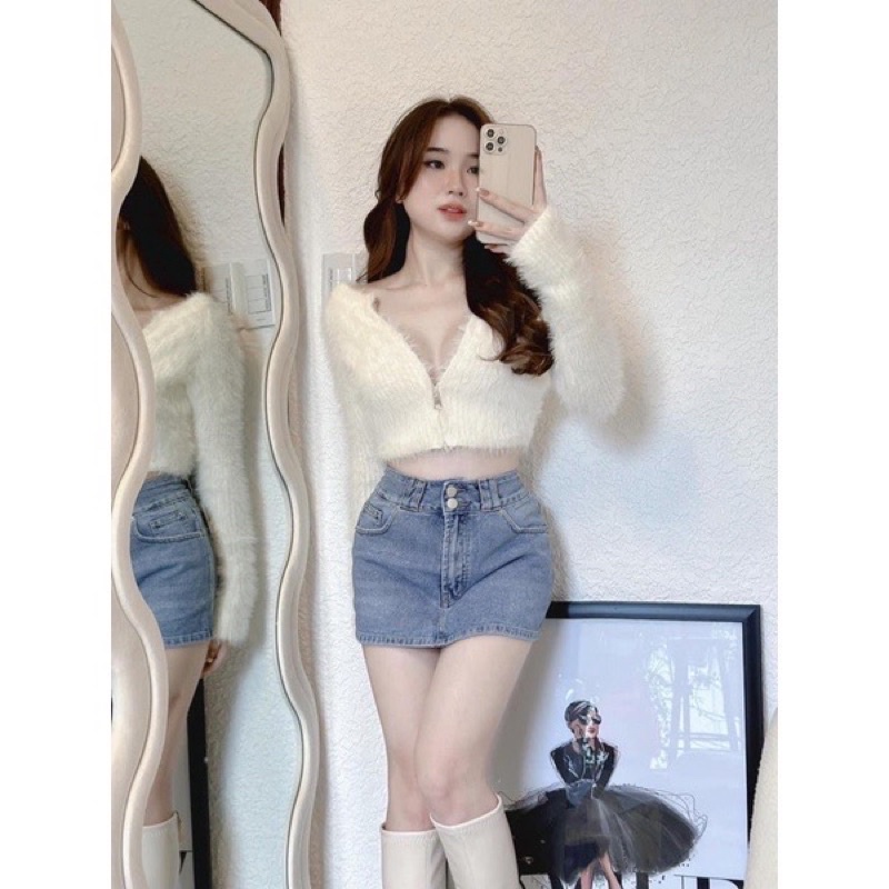 Video Thật Phía Sau-Áo Len Lông Thỏ Mềm Mại Croptop Khoá kéo trước