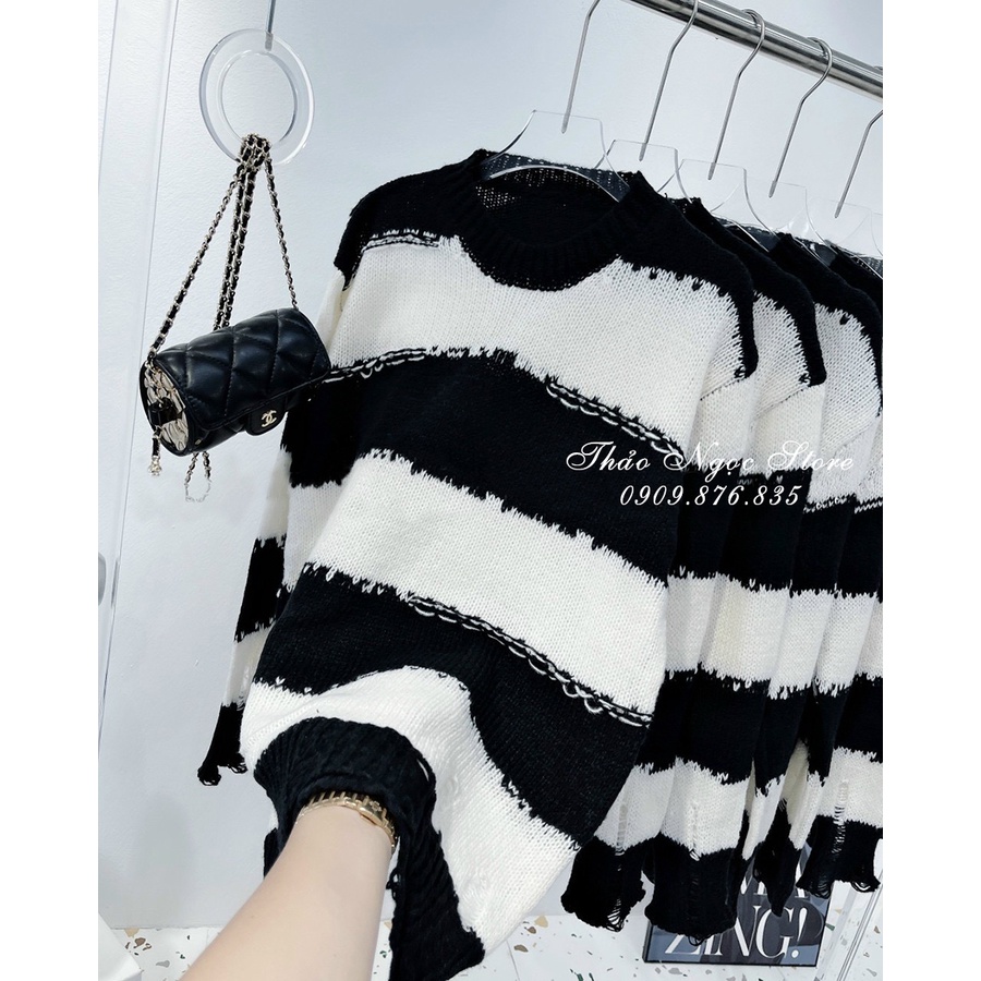 Áo len nữ tay dài sọc rách form rộng hàng nhập QC!  THẢO NGỌC STORE