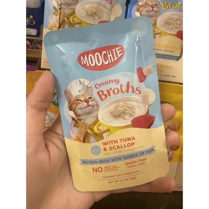 Pate Moochie Creamy Broths dạng thịt & nước xương hầm cho mèo gói 40g