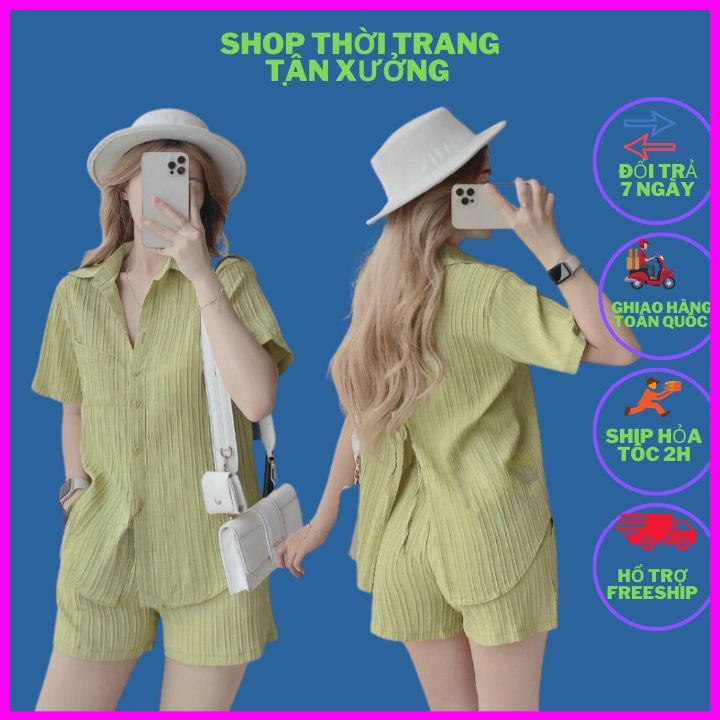Sét đồ bộ nữ áo sơ mi cột nơ lưng lạ mắt sét sơ mi quần đùi phong cách hàn quốc sét sơ mi sang chảnh đi chơi đi dạo phố
