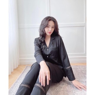 PYJAMA LỤA DÀI TRƠN ĐEN QUẢNG CHÂU XINH
