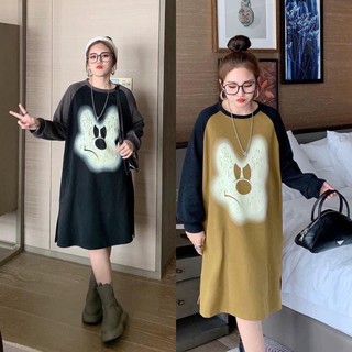 Đầm suông, váy thu đông chất cotton in hình gấu trắng phối tay màu cổ tròn dáng dài