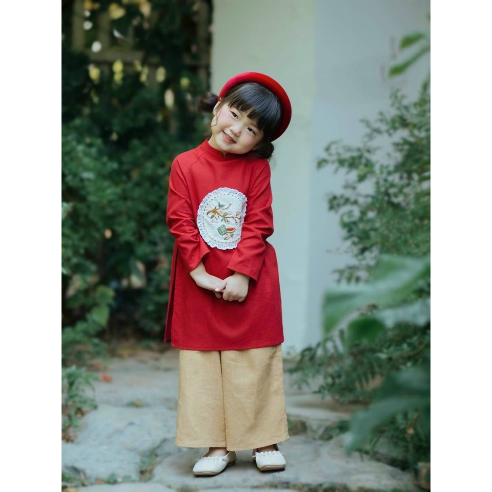 Áo Dài Đôi Tết Bé Trao Bé Gái Áo Dài Tết Cách Tân Chất Lụa Linen Mềm Mịn Mướt Tay Họa Tiết Thêu Sắc Nét Kèm Quần Lụa