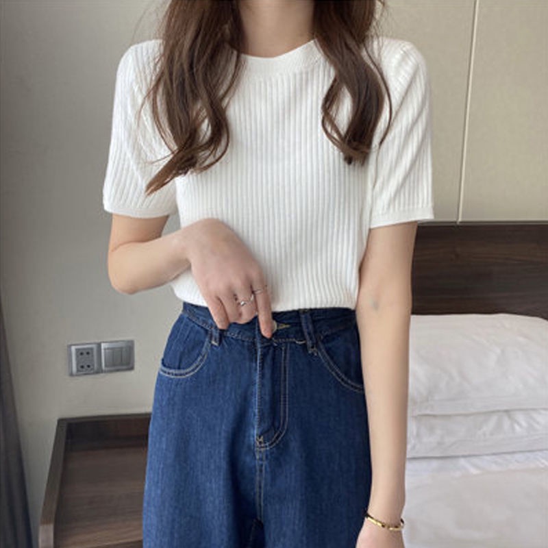 Áo Sweater Ngắn Cổ Tròn Dáng Ôm Thời Trang Mùa Hè Kiểu Mới Cho Bạn Gái