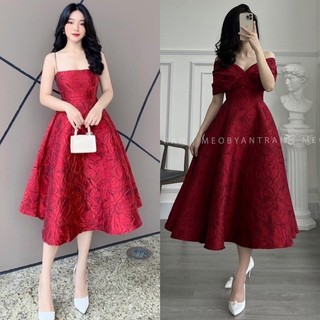 ĐẦM GẤM TRẮNG ĐỎ XOÈ 2 DÂY (về thêm loại trễ vai)