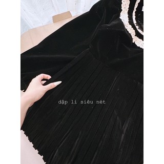 Váy nhung cổ vuông phối ren dập li