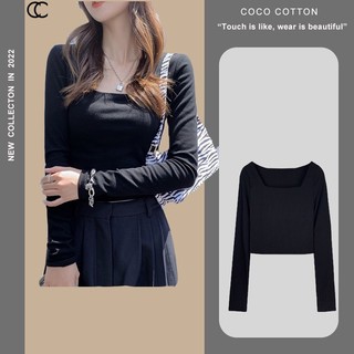 Áo thun nữ croptop tay dài cổ vuông COCOCOTTON cao cấp CC20