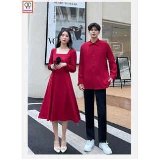 Váy sơmi đôi cổ vuông tay dài + Áo sơmi nam đơn giản mà đẹp