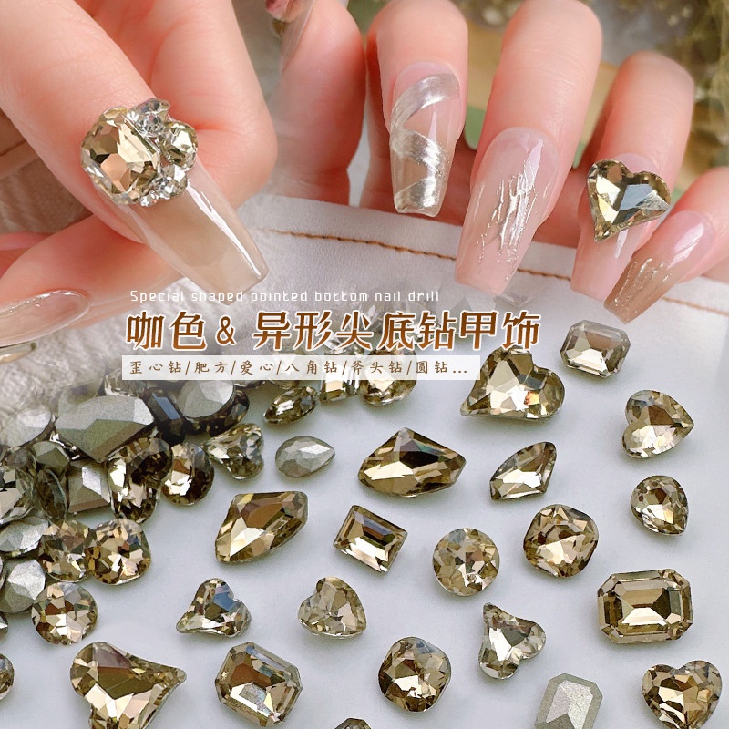 Set 10 viên đá pha lê K9, đá khối pha lê màu vàng nâu, nhiều hình dạng trang trí móng tay nghệ thuật