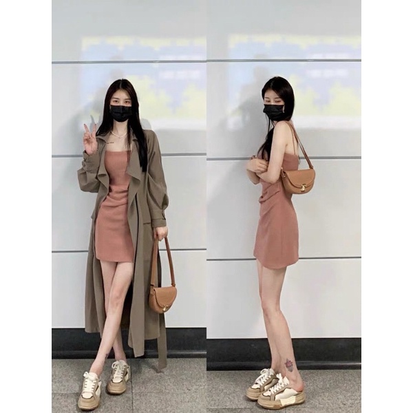 Sét váy hai dây ôm body + Áo khoác len cardigan dáng dài