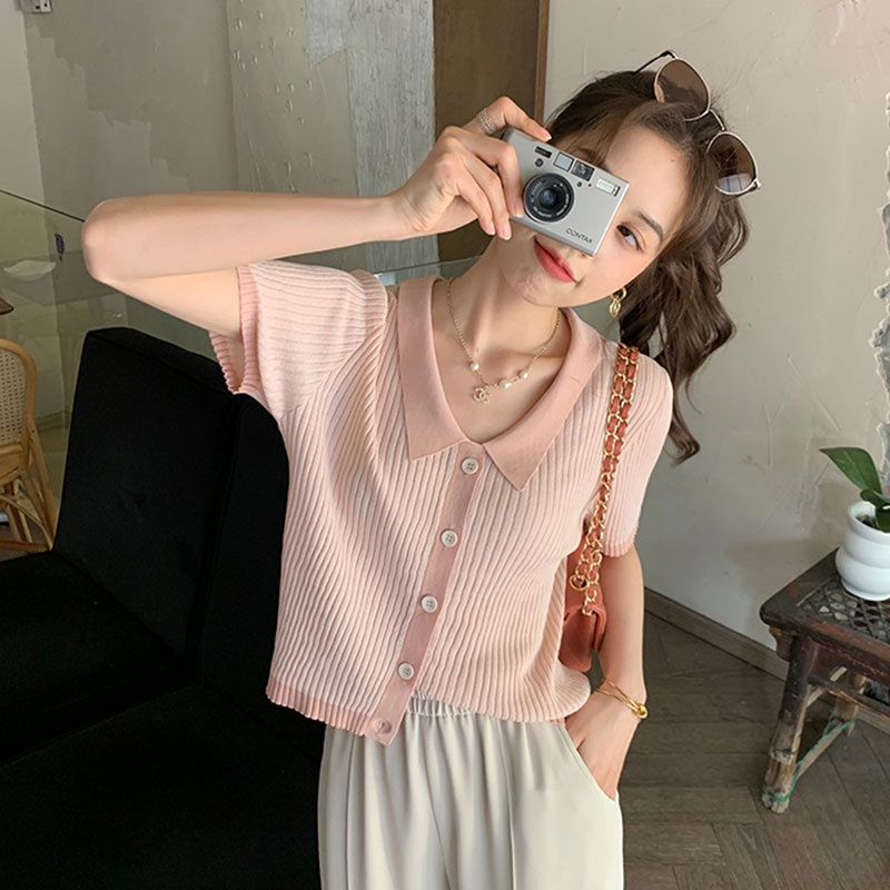 Áo Dệt Kim Tay Ngắn Cổ polo Dáng Ôm Phong Cách Thời Trang Hàn Quốc Dành Cho Nữ