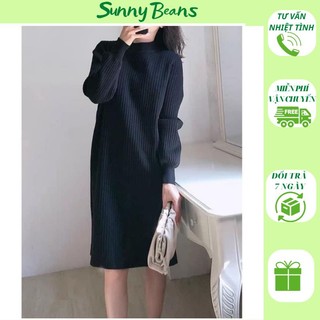 Váy len tay bồng dáng suông cổ lọ chất len gân dày dặn