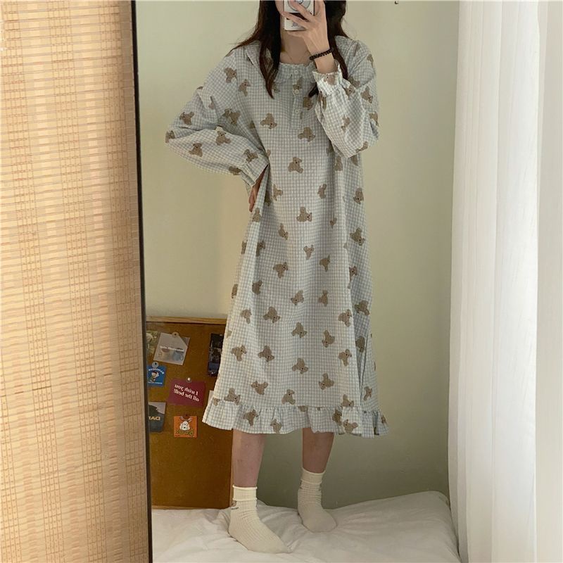 IELGY Bộ Đồ Ngủ Tay Dài In Hình Gấu Dễ Thương Phong Cách Nhật Bản Cho Nữ