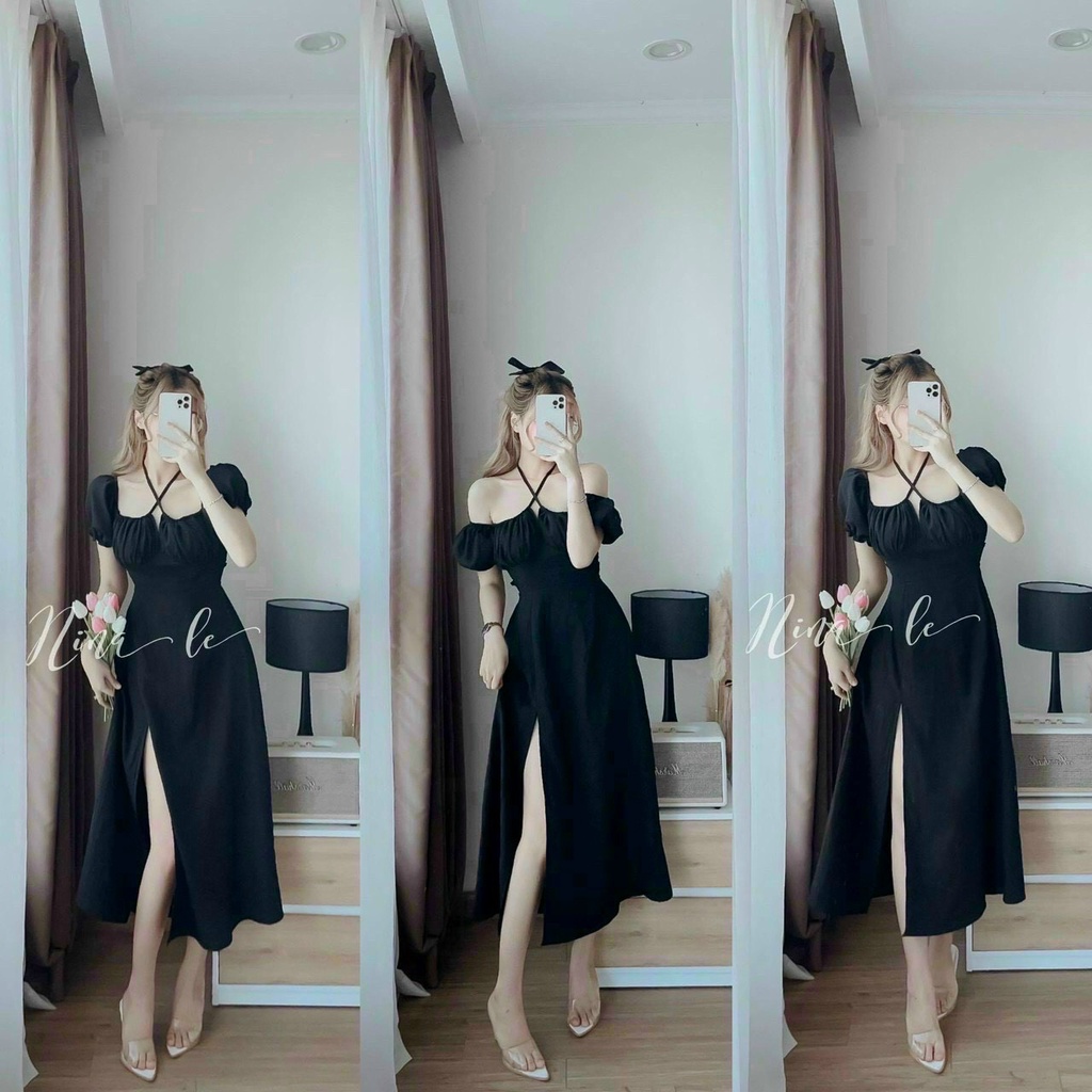Đầm thời trang cổ yếm trễ vai mặc được nhiều kiểu, váy xẻ tà áo có mút.