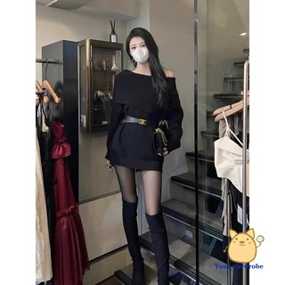 Áo Len Dệt Kim Tay Dài Dáng Rộng Hở Vai Phong Cách Hàn Quốc Quyến Rũ Dành Cho Nữ