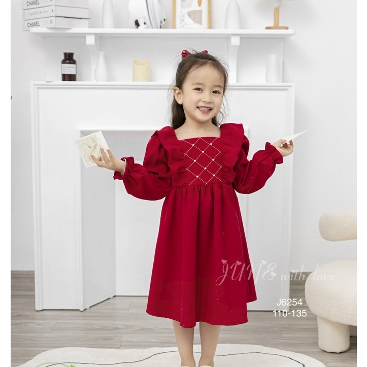 Váy/ đầm bé gái nhung tăm màu đỏ tay dài Phối cánh tiên đi học đi chơi Noel Lễ Tết Giáng Sinh