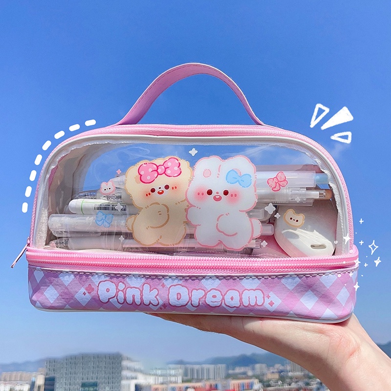 Túi Đựng Bút Trong Suốt Hai Lớp Sức Chứa Lớn Họa Tiết Hoạt Hình Dễ Thương Cho Học Sinh