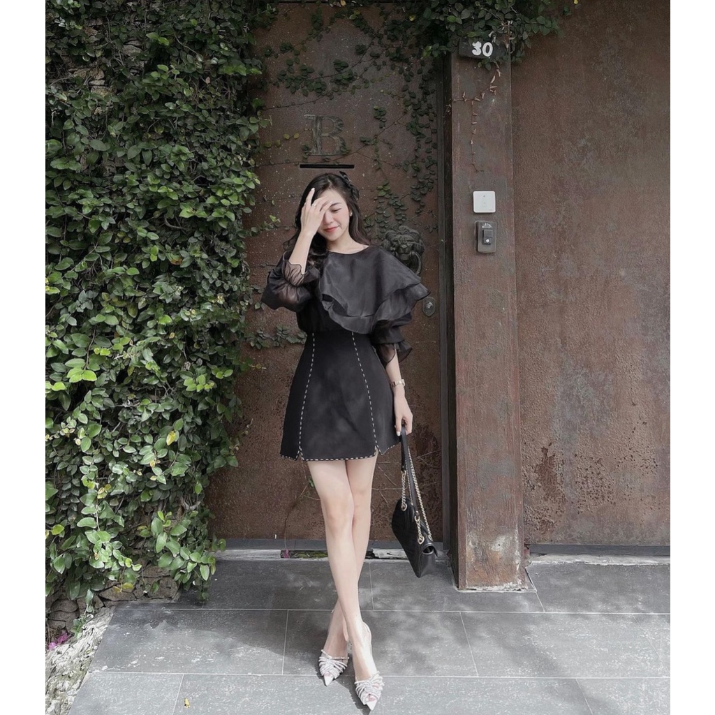 SET ÁO TƠ BÈO TẦNG CỔ TAY LOE + CHÂN VÁY VIỀN CHỈ