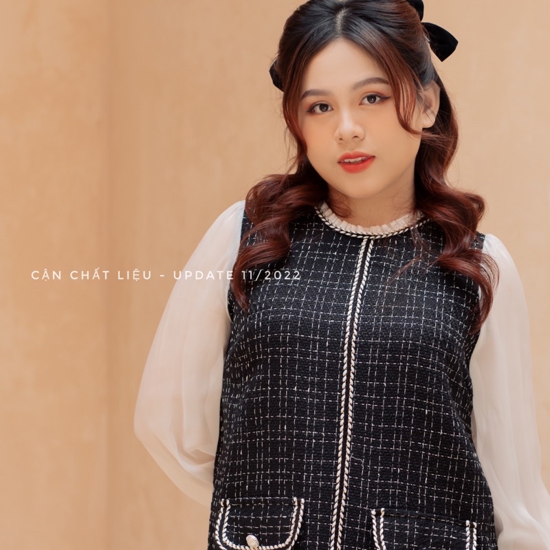 VÁY ĐẦM DẠ TWEED BIGSIZE ĐEN VIỀN TAY TƠ NHŨ - CHLOE DRESS - IZYBYNHI