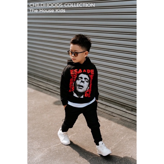 Áo hoodie cho bé nỉ chân cua - áo khoác nỉ có mũ trẻ em màu đen THE HOUSE KIDS